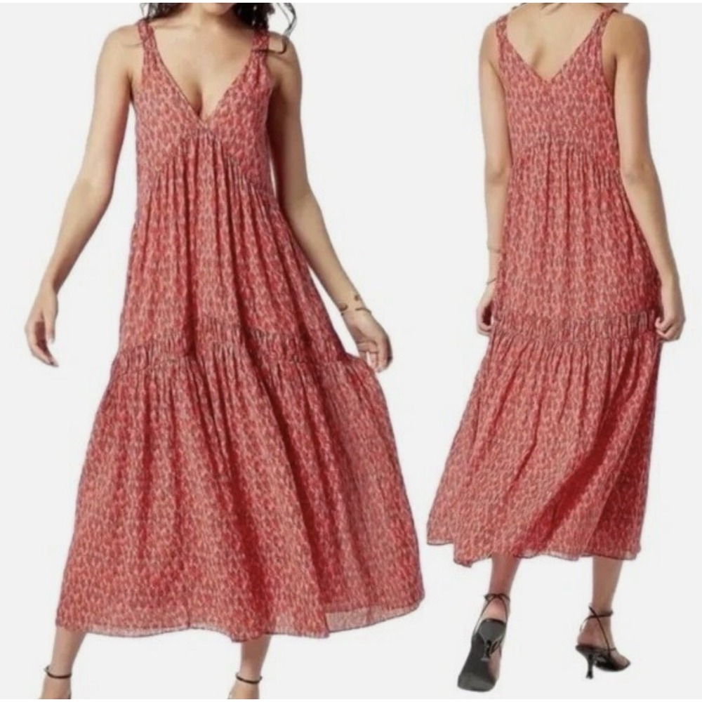 Joie Maxi Dress Medium Tiered Lined Peasant Red Pink Tea Rose Feminine Festival